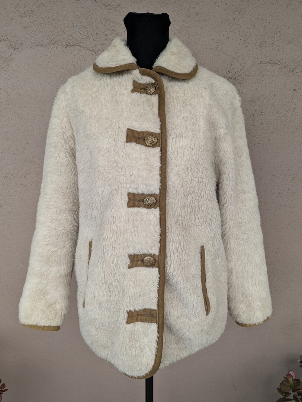 💜Vintage Reversible Canvas Sherpa Barn Coat Brass Crest Buttons